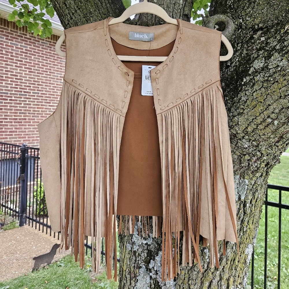 Blue B Faux Suede Leather Fringe Vest Brand New